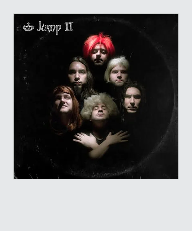 Jump II: the team in wigs, posed as a rock album cover